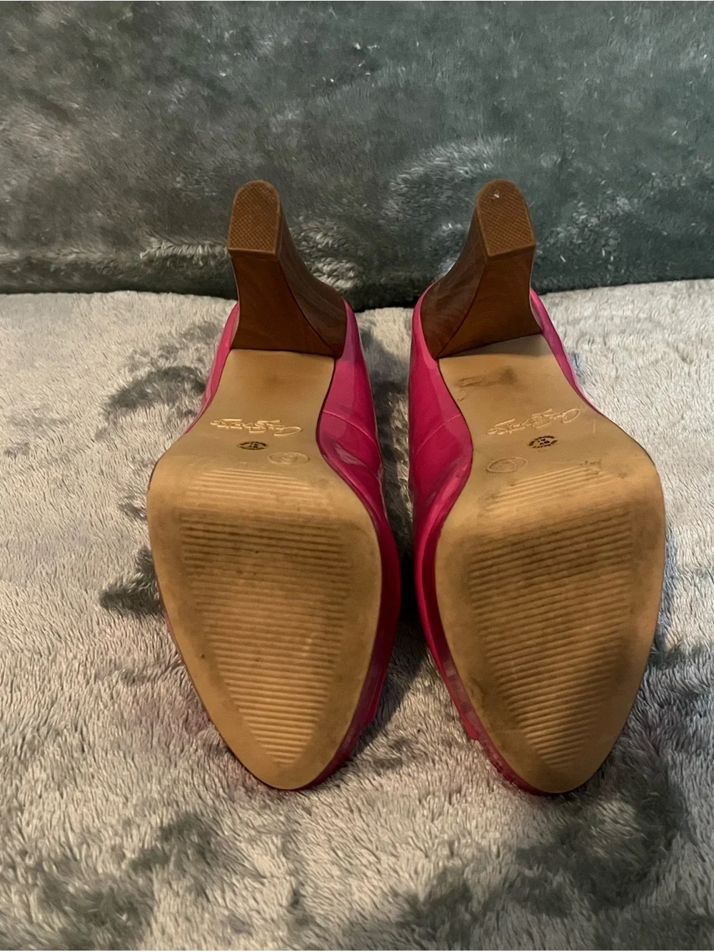 Fuchsia Patent Peep-Toe Platform Pumps by city streets